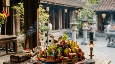 Mâm lễ vật gồm trái cây tươi và đồ chơi trẻ em được sắp xếp trang nghiêm để chuẩn bị đọc văn khấn cầu con tại chùa