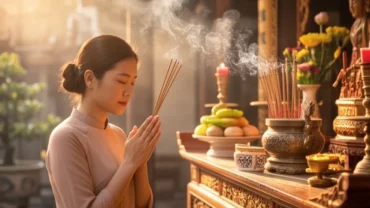 Mâm lễ vật hoa tươi quả ngọt và người phụ nữ đang đọc văn khấn cầu con tại chùa trang nghiêm