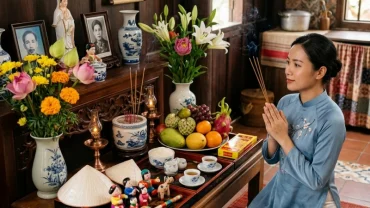 Mâm lễ vật hoa quả tươi và hương đăng tươm tất chuẩn bị cho nghi thức đọc văn khấn cầu con tại nhà
