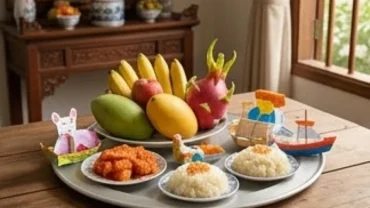 Mâm lễ vật chuẩn bị cho bài văn khấn cầu con tại nhà với trái cây, xôi chè và đồ chơi trẻ em