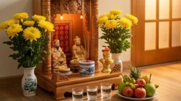 Mâm lễ cúng Thần Tài tươm tất giúp chủ tiệm dâng văn khấn cầu đông khách và thu hút vượng khí buôn bán