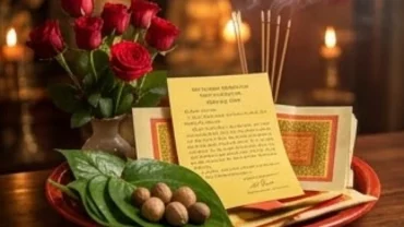 Mâm lễ vật và văn khấn cầu duyên với hoa hồng đỏ, trầu cau đặt trang nghiêm trên ban thờ