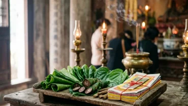 Mâm lễ vật tươm tất dâng lên ban thờ Thánh Mẫu cùng bài văn khấn cầu duyên cầu con tại ngôi chùa cổ kính