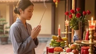 Cô gái mặc áo lam chắp tay đọc bài văn khấn cầu duyên cho người độc thân trước ban thờ đền trang nghiêm