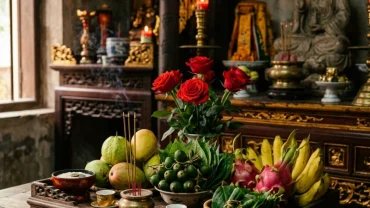 Mâm lễ vật hoa hồng đỏ và trầu cau chuẩn bị cho nghi thức đọc văn khấn cầu duyên chùa hà