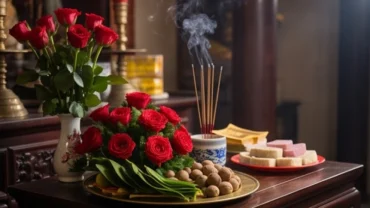 Mâm lễ vật hoa hồng đỏ và trầu cau dâng lên Điện Mẫu kèm bài văn khấn cầu duyên Chùa Hà