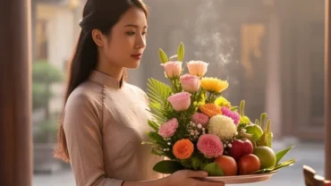 Người phụ nữ mặc áo dài dâng mâm lễ chuẩn bị đọc văn khấn cầu duyên tại chùa trong không gian cổ kính