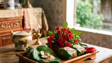Mâm lễ vật hoa đỏ và trầu cau chuẩn bị cho nghi thức đọc văn khấn cầu duyên tại nhà thanh tịnh