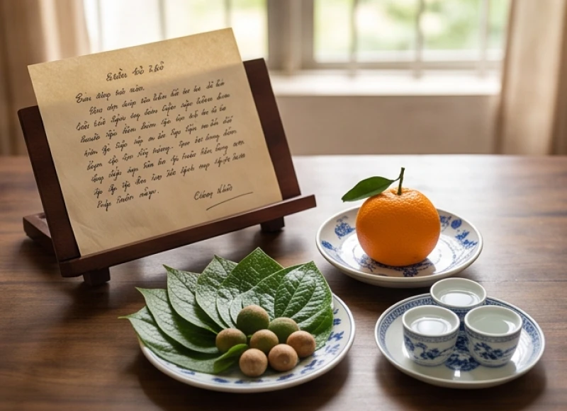 Tờ giấy ghi văn khấn cầu gia đạo bình an được đặt trang trọng cạnh đĩa trầu cau và ly nước sạch