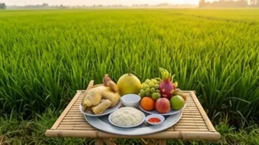 Mâm cúng Thần Nông tại bờ ruộng trong nghi lễ đọc văn khấn cầu mùa đầu vụ