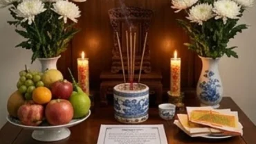 Bàn thờ cúng 49 ngày trang nghiêm với hoa cúc trắng, mâm ngũ quả và tờ văn khấn cầu siêu 49 ngày