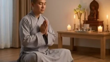 Người Phật tử thành tâm chắp tay đọc văn khấn cầu siêu cho oan gia trái chủ trước bàn thờ thanh tịnh