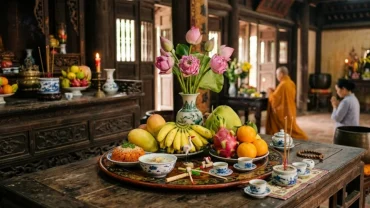 Mâm lễ chay thanh tịnh và sớ điệp chuẩn bị cho nghi thức đọc văn khấn cầu siêu cho thai nhi tại chùa trang nghiêm