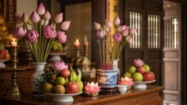Mâm lễ chay dâng ban Tam Bảo chuẩn bị cho việc đọc văn khấn cầu siêu cho thai nhi tại chùa