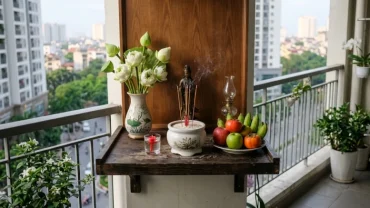 Mâm lễ thanh tịnh dùng trong nghi thức đọc văn khấn cầu siêu cho thai nhi tại nhà với hoa sen trắng và trái cây tươi