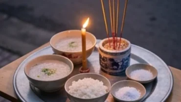 Mâm cúng ngoài trời chuẩn bị cho nghi thức đọc văn khấn cầu siêu cho vong linh không nơi nương tựa