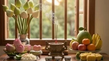Mâm lễ chay tịnh cùng văn khấn cầu siêu tại nhà được bày biện trang nghiêm trên bàn thờ gia tiên