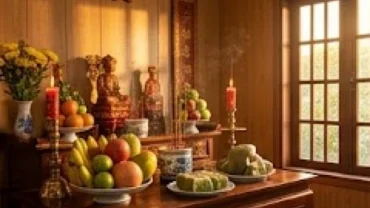 Mâm lễ vật tươm tất và hương án trang nghiêm chuẩn bị cho nghi thức đọc văn khấn cầu sức khỏe đầu năm