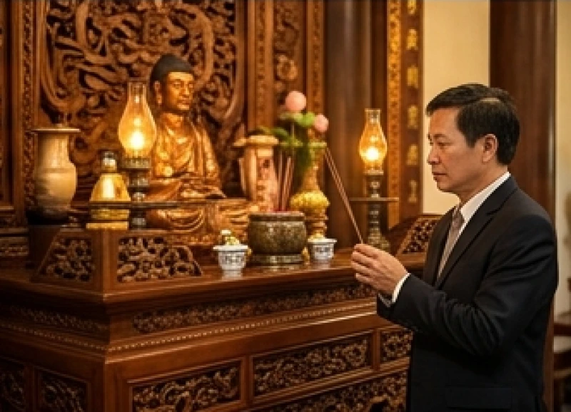 Văn khấn đi chùa ngày rằm: Sắm lễ và trọn bộ bài khấn các ban 9 Người doanh nhân thành tâm dâng nén nhang và đọc văn khấn cầu tài lộc trước ban thờ Đức Chúa Ông