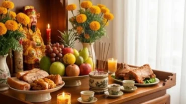 Mâm lễ vật tươm tất sẵn sàng cho nghi thức đọc văn khấn cầu tài lộc đầu năm để nghênh đón vượng khí