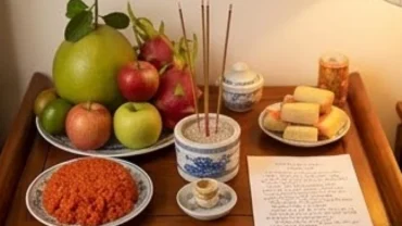 Mâm lễ tươm tất dâng lên bàn thờ gia tiên cùng văn khấn cầu thi đỗ tại nhà cho sĩ tử