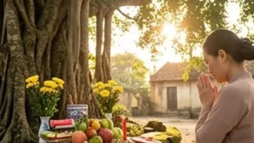 Mâm lễ vật cúng bái và người dân chắp tay đọc văn khấn cây đa cổ thụ linh thiêng tại làng quê
