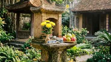 Mâm lễ vật tươm tất được bày biện trang nghiêm để chuẩn bị đọc văn khấn cây hương ngoài trời tại sân vườn gia đình