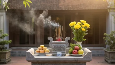 Gia chủ mặc áo dài thắp nhang đọc văn khấn cây hương ngoài trời giữa sân nhà truyền thống