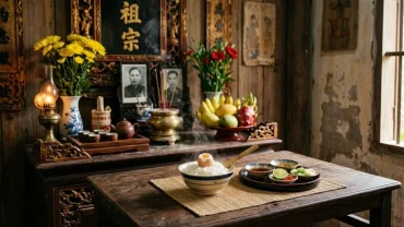 Mâm cơm cúng giản dị được sắp xếp cẩn thận cùng bài văn khấn cho người mới mất tại không gian thờ cúng trang nghiêm