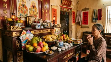 Mâm lễ cúng tạ đất truyền thống với văn khấn chủ đất bà chủ đất được chuẩn bị chu đáo đặt trang trọng trên ban thờ