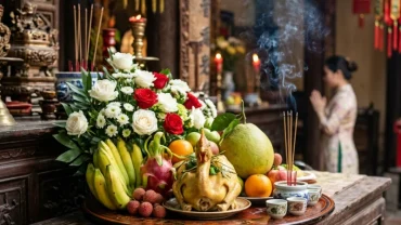 Mâm lễ vật truyền thống chuẩn bị cho nghi thức đọc văn khấn Chúa Bà Năm Phương tại đền thờ