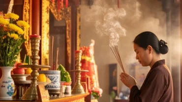Người hành hương đọc văn khấn Chùa Bà Tây Ninh trước ban thờ Linh Sơn Thánh Mẫu nghi ngút khói nhang