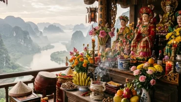 Mâm lễ vật cúng bái trang trọng bên lòng hồ thủy điện Sông Đà trong nghi lễ đọc văn khấn Chúa Thác Bờ cầu bình an