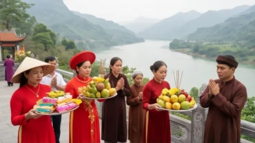 Người hành hương thành tâm dâng mâm lễ vật tươi sáng và đọc văn khấn Chúa Thác Bờ tại ngôi đền linh thiêng.