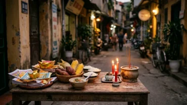 Mâm lễ cúng cô hồn đặt ngoài hiên nhà lúc hoàng hôn bên cạnh tờ văn khấn chúng sinh cùng bát cháo loãng và đĩa khoai luộc