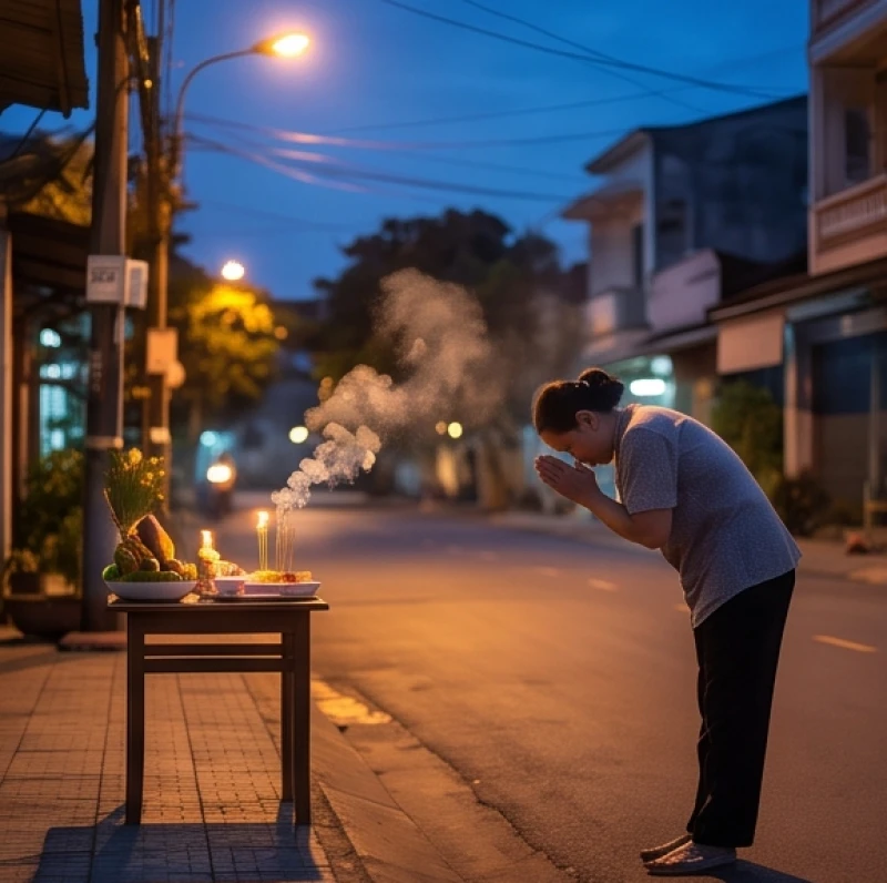 Văn khấn rằm tháng 7: Trình tự cúng bài bản và đúng nghi thức 7 Cảnh cúng chúng sinh ngoài sân trong ánh sáng lờ mờ với người chủ lễ đang vái lạy bốn phương