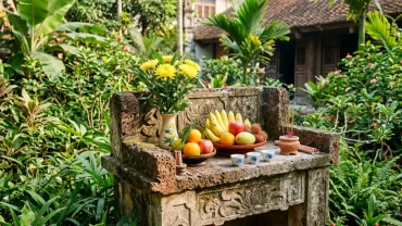 Mâm cúng thanh tịnh trên bàn thờ chung thiên bằng đá trước khi gia chủ đọc văn khấn chung thiên ngoài trời