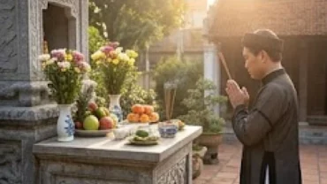 Gia chủ thành kính đọc văn khấn Chung Thiên ngoài trời trước am thờ đá với mâm lễ vật tươm tất