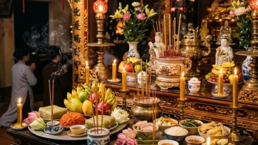 Mâm lễ mặn và chay được chuẩn bị tươm tất đính kèm bài văn khấn chuộc khoán đặt trang trọng tại ban thờ Đức Ông
