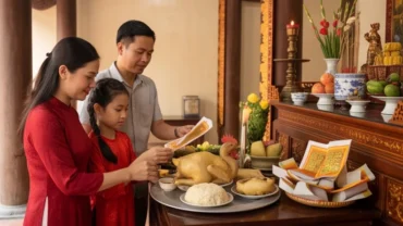 Gia đình chuẩn bị mâm lễ và đọc văn khấn chuộc khoán cho con tại không gian đền chùa trang nghiêm