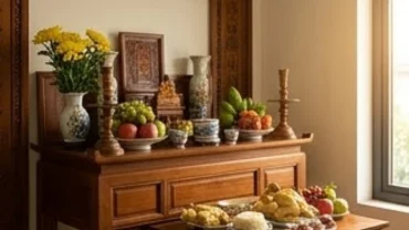 Bàn thờ gia tiên truyền thống Việt Nam được bày biện mâm lễ cúng tươm tất chuẩn bị cho nghi thức văn khấn chuyển bàn thờ