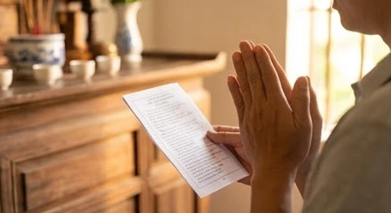 Người nam giới chắp tay nghiêm trang đọc văn khấn chuyển bàn thờ trước khi di dời bát hương.