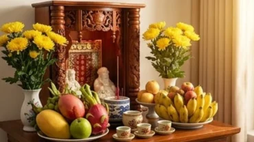Mâm lễ tươm tất và quả tươi chuẩn bị cho nghi thức đọc văn khấn chuyển bàn thờ Thần Tài sang vị trí mới