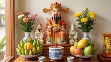 Mâm lễ vật trang trọng và bàn thờ Thần Tài trong nghi thức đọc văn khấn chuyển cửa hàng kinh doanh