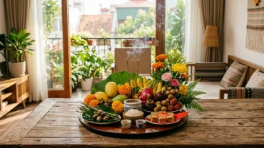 Mâm lễ vật ngũ quả và nhang đèn truyền thống được chuẩn bị tươm tất để đọc văn khấn chuyển nhà sang nơi ở mới