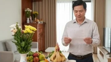 Gia chủ thành tâm đọc văn khấn chuyển nhà trước mâm lễ nhập trạch được bày trí trang nghiêm tại không gian phòng khách