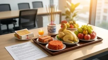 Mâm lễ vật tươm tất cùng bài văn khấn chuyển văn phòng được chuẩn bị chu đáo để trình báo thần linh.
