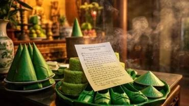 Mâm lễ vật màu xanh lá cây dâng lên ban thờ Cô Bé Chí Mìu kèm bản văn khấn cầu bình an