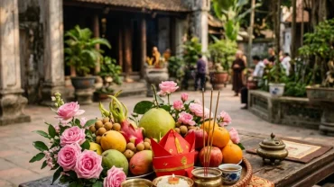 Mâm lễ vật hoa tươi nón hài chuẩn bị dâng đền trước khi đọc văn khấn cô chín