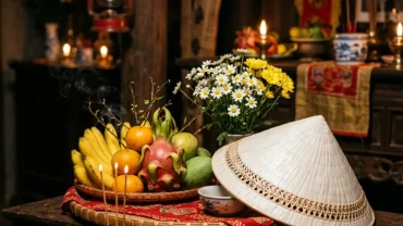 Mâm lễ vật truyền thống gồm nón lá và hoa trắng dùng trong nghi thức đọc văn khấn Cô Sáu tại Côn Đảo